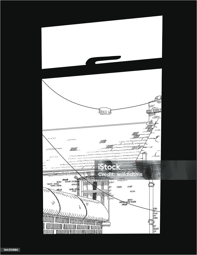 Gravure à l'eau forte style image à travers une fenêtre de maison avec terrasse - clipart vectoriel de Dessin libre de droits