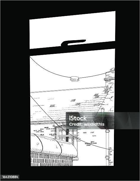 Gravure À Leau Forte Style Image À Travers Une Fenêtre De Maison Avec Terrasse Vecteurs libres de droits et plus d'images vectorielles de Dessin