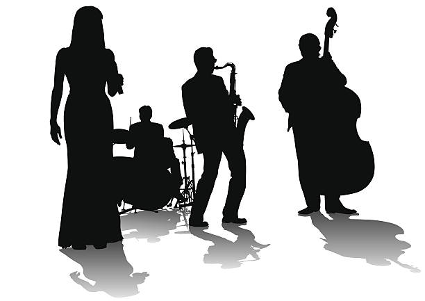 Jazz concert Vector drawing concert of jazz music. Silhouettes on a white background bass instrument stock illustrations