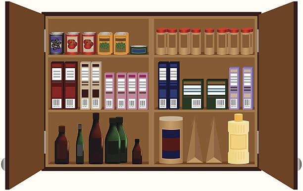 Open cabinet Vector illustration of a neatly organized cabinet stocked with cans, boxes, spices, and bottles. Download includes .eps, hi-res .jpg, and .ai CS3. red kitchen cabinets stock illustrations