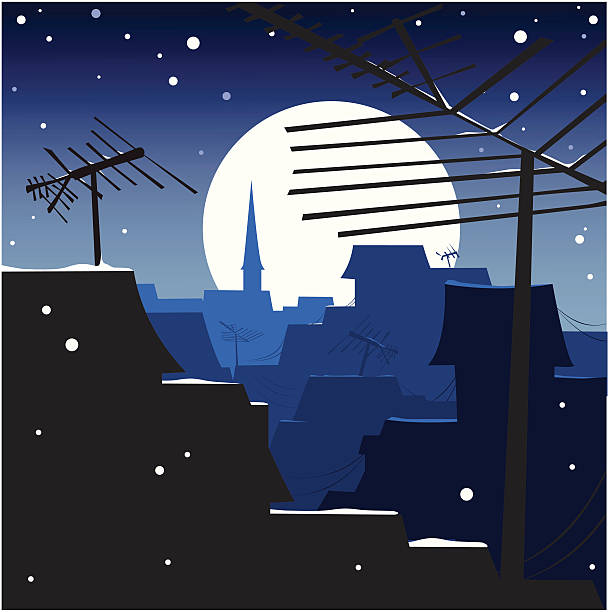 ilustrações de stock, clip art, desenhos animados e ícones de inverno noite moonlit telhados com antenas - television aerial roof antenna city