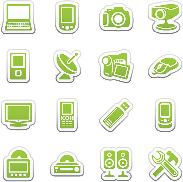 Electronics icons for web. Green sticker "Vector icons set for websites, guides, booklets." computer mouse photos stock illustrations