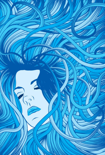 ilustraciones, imágenes clip art, dibujos animados e iconos de stock de cara de mujer con cabello largo detallado azul que fluye - ahogar
