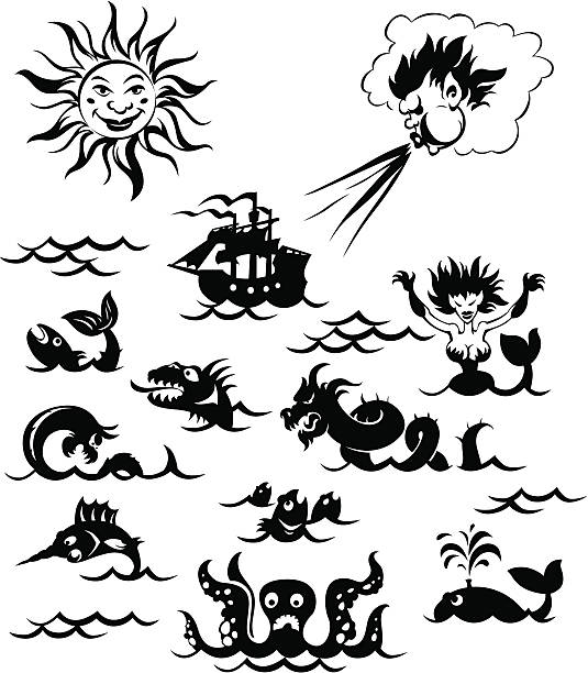 Powerful sea monsters "Fantasy sea monsters, Sun, Northwind and sailboat. Vector illustration. Please see also:" octopus giant octopus sea horror stock illustrations