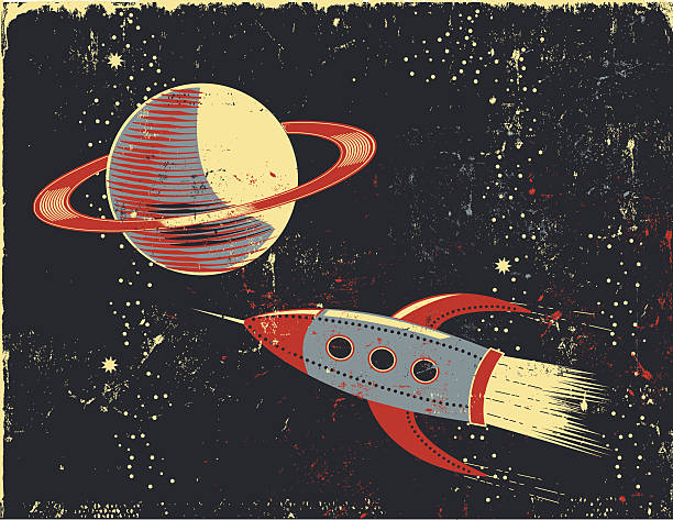 Retro cartoon Saturn and Rocket Optional texture layers  and global  colors for easy editing. Compressed hi res jpeg also included. space exploration stock illustrations