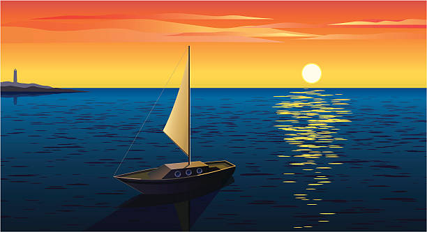 Boat at sunset The boat floats in the bay at sunset bay cartoon stock illustrations