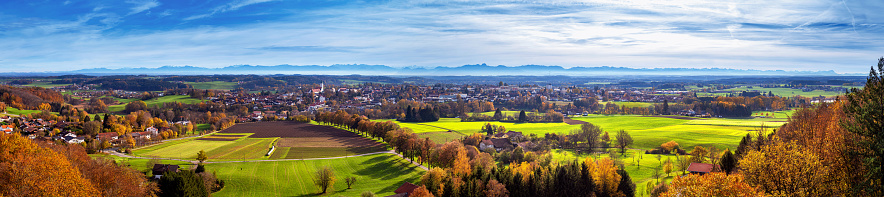 Autumn landscape, panorama, banner - panorama of the town of Ebersberg and its surroundings from the observation tower above the Ebersberger Alm on the Ludwigshohe hill, Bavaria, Germany