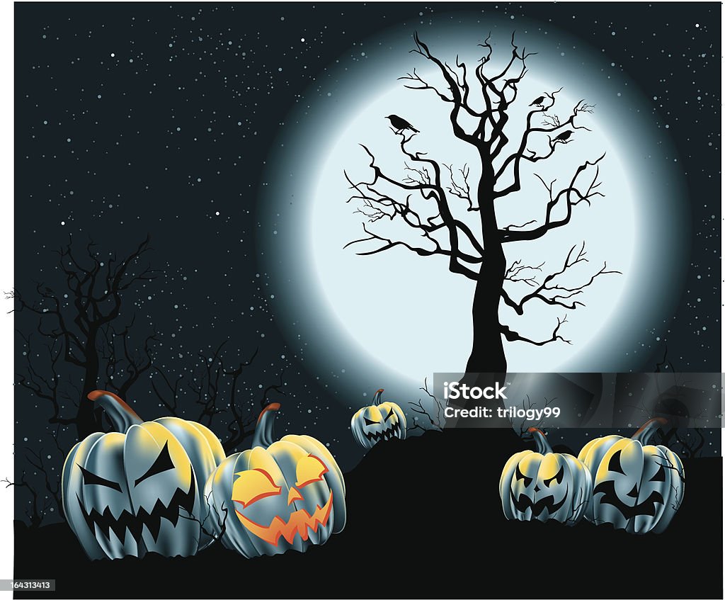 Halloween Jack-O-Lanterns "A full moon rising over a field of dead trees, inhabited by blackbirds, surrounded by carved pumpkins." Pumpkin Patch stock vector