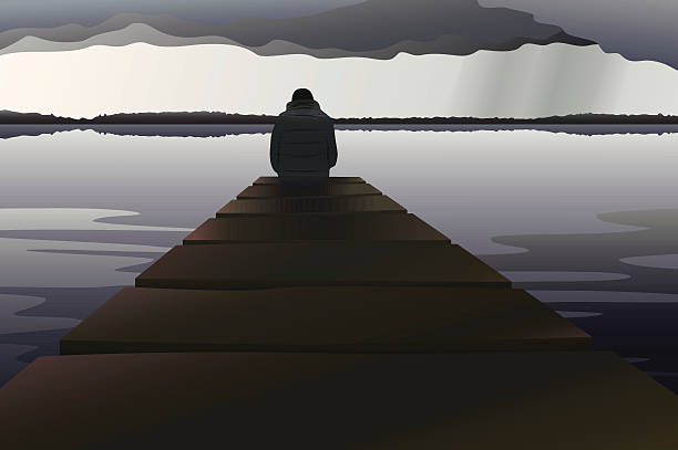 Man alone at the lake Vector illustration of man alone sitting at the lake. one man only stock illustrations