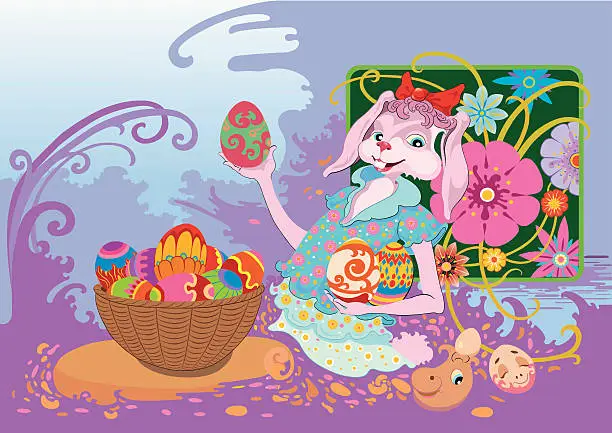 Vector illustration of Funny miss bunny with easter eggs