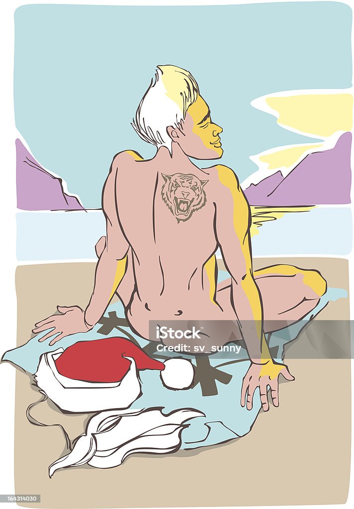 若いネイクドサンタクロース sunbathes ビーチ - 浜辺のロイヤリティフリーベクトルアート