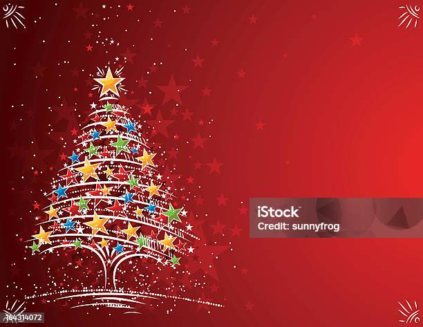 Christmas Tree Decorated With Stars On Red Background Stock Illustration - Download Image Now