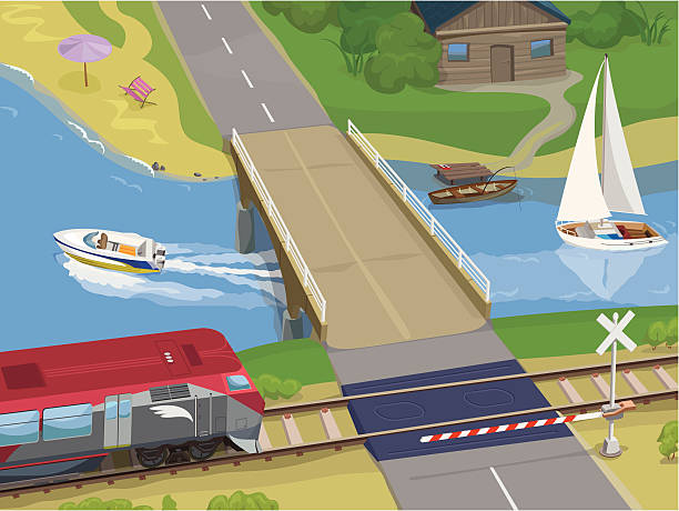 ilustraciones, imágenes clip art, dibujos animados e iconos de stock de campo de transporte - railroad crossing bridge river nautical vessel