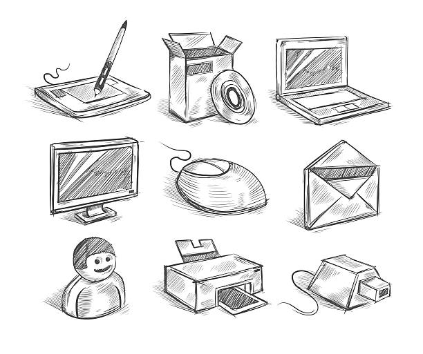 hand-drawn pc icons vector art illustration