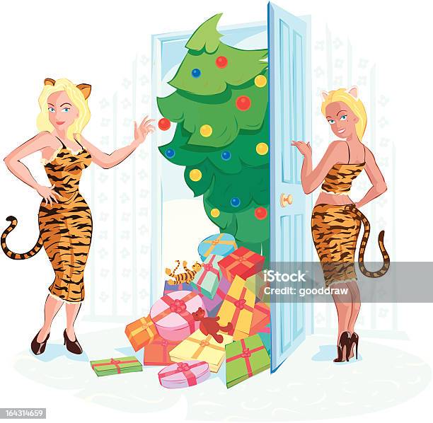 Newyear Tigergirls Near Door Stock Illustration - Download Image Now - Adult, Animal Hair, Beauty