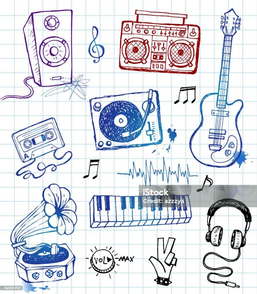 Music equipment illustrations Vector illustration of sketchy music icons. Audio Cassette stock vector
