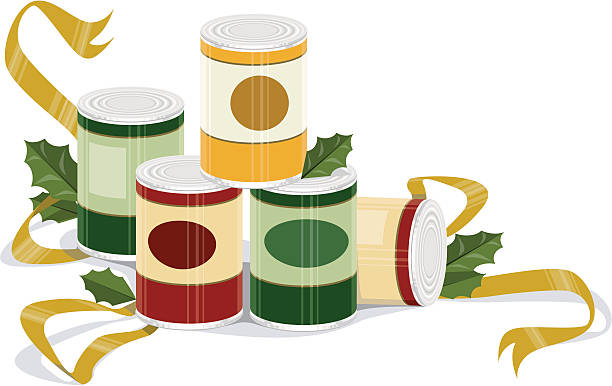 Holiday Canned Goods "A holidayathemed vector embellishment of canned goods, ribbons, and holly- perfect for a holiday food drive" holiday food drive stock illustrations