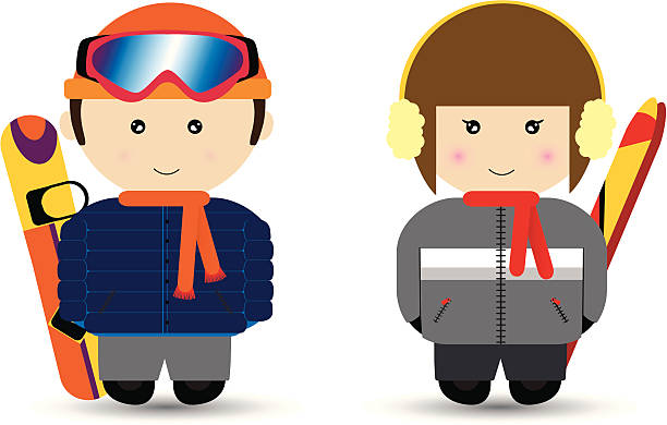 스키타기 남자아이 & 여자아이 벡터 아트 일러스트