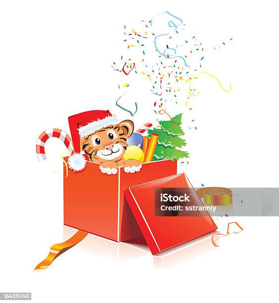 New Year Stock Illustration - Download Image Now - Christmas Tree, Tiger, Box - Container