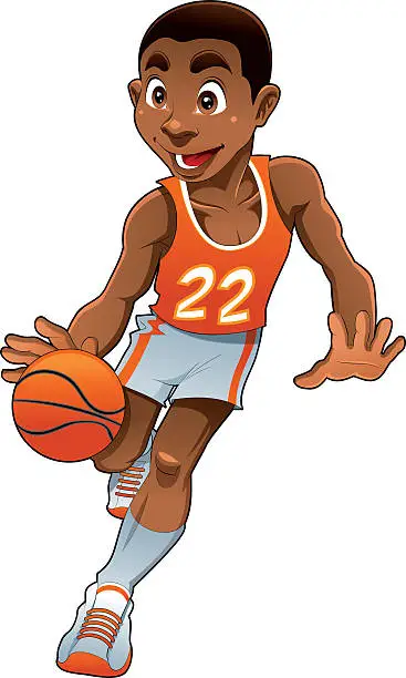 Vector illustration of A cartoon of a black male basketball player bouncing a ball