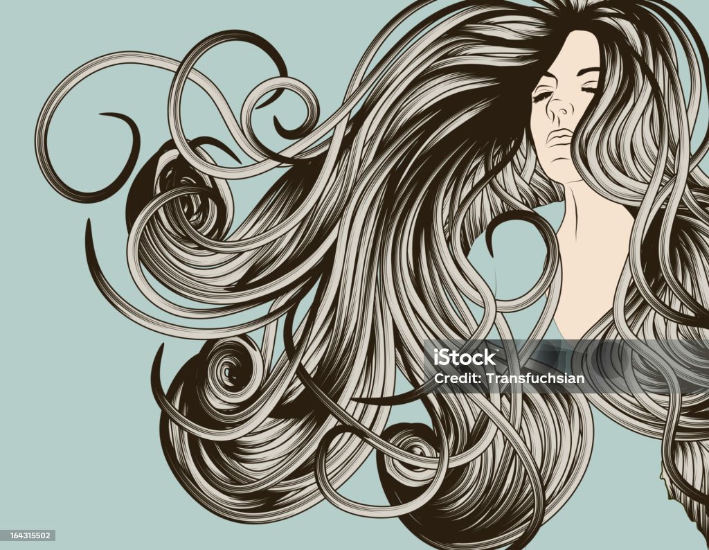 Volto femminile con capelli Flusso dettagliato - arte vettoriale royalty-free di Adolescente