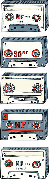 Five old audio tapes. vector art illustration