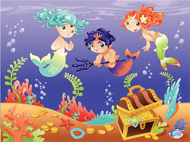 Vector illustration of Baby Sirens and Triton with background.