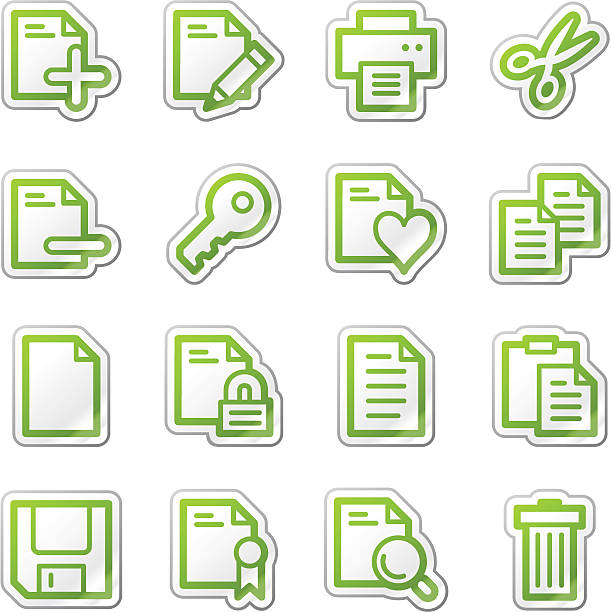 Documento na web, ícones, série verde contour autocolante - ilustração de arte vetorial