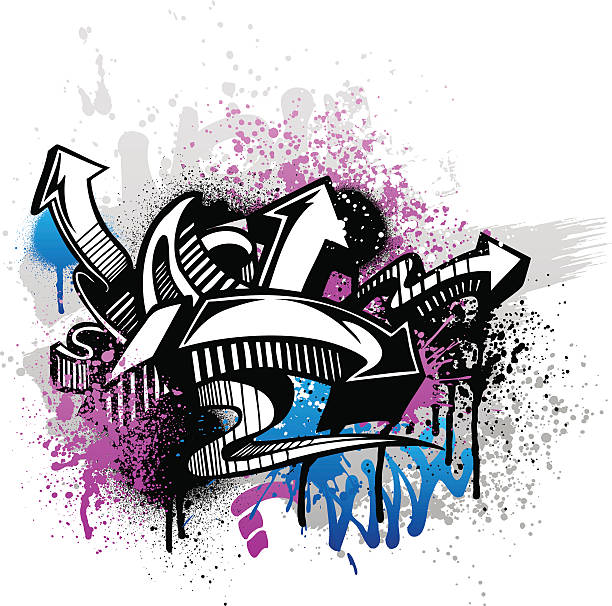 Purple and blue graffiti street art with arrows Black graffiti sketch with blue and pink grunge paint splatter. graffiti background stock illustrations