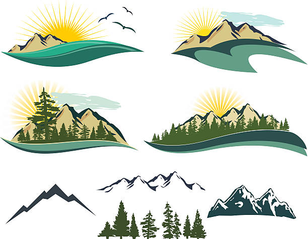 Vector Mountain Icons "Set of outdoor icons featuring mountains, cedar and pine trees, sunrise/sunsets, oceans, and birds.  Great pieces to use with copyspace." wilderness area stock illustrations