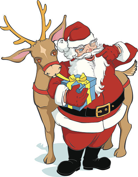 ilustrações de stock, clip art, desenhos animados e ícones de sorridente pai natal com rena rudolph - christmas present senior men surprise gift box