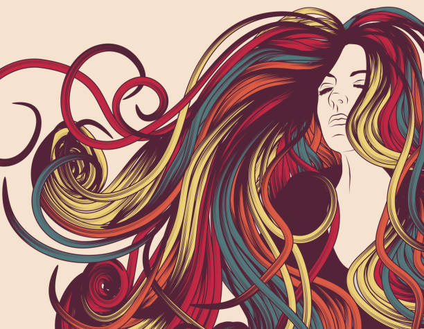 Woman's face with long colorful curly hair Woman's face with flowing, colorful wavy hair. Face, hair and background are on separate layers. Each hair strand is individual object. Cropped via clipping mask. Extra folder includes Illustrator CS2 AI and PDF files. hair strands stock illustrations