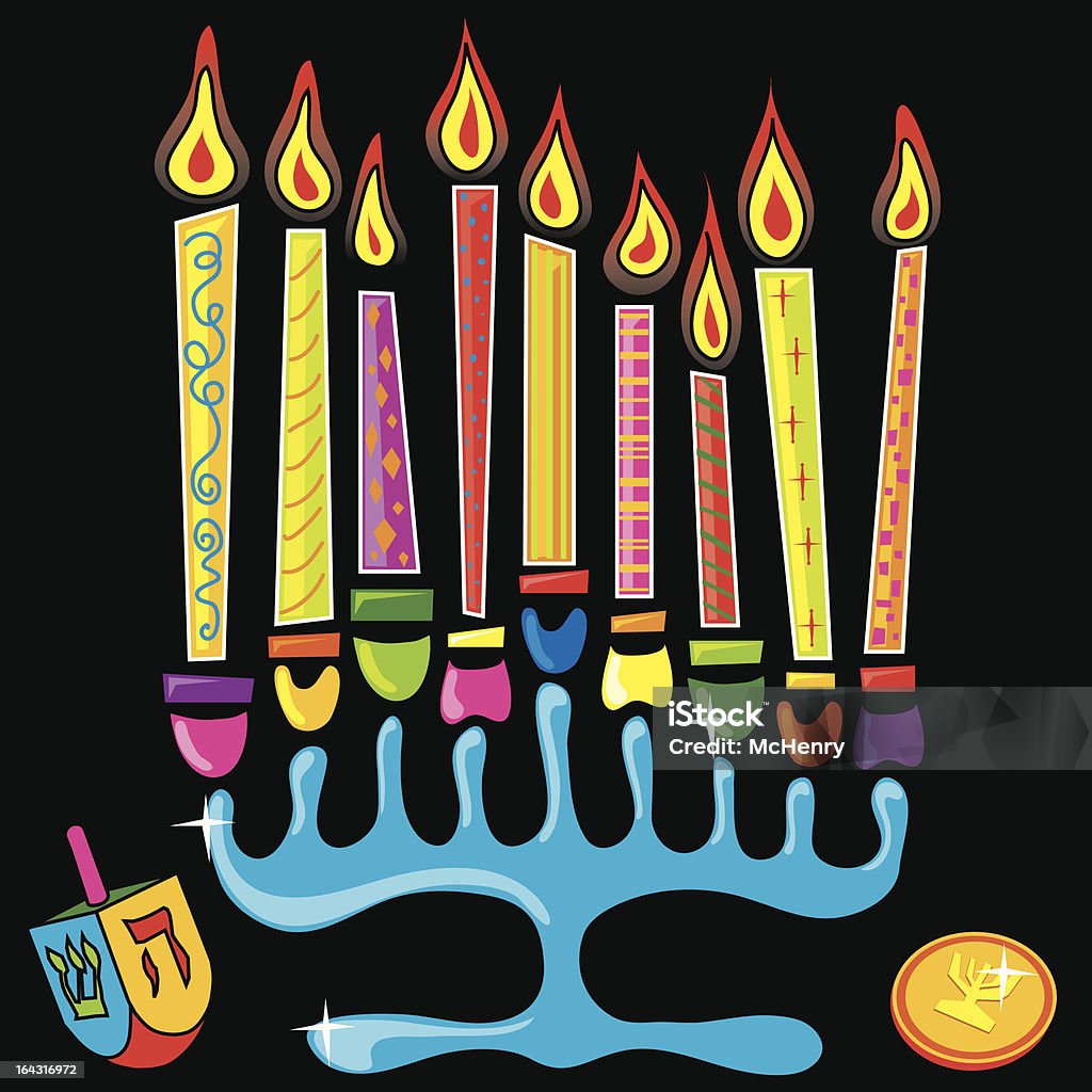 Glowing Menorah Colorful and fun menorah isolated on black Candle stock vector