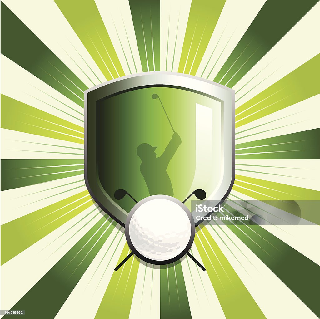 Golf shield emblem Glossy golf shield emblem on green starburst background Golf stock vector