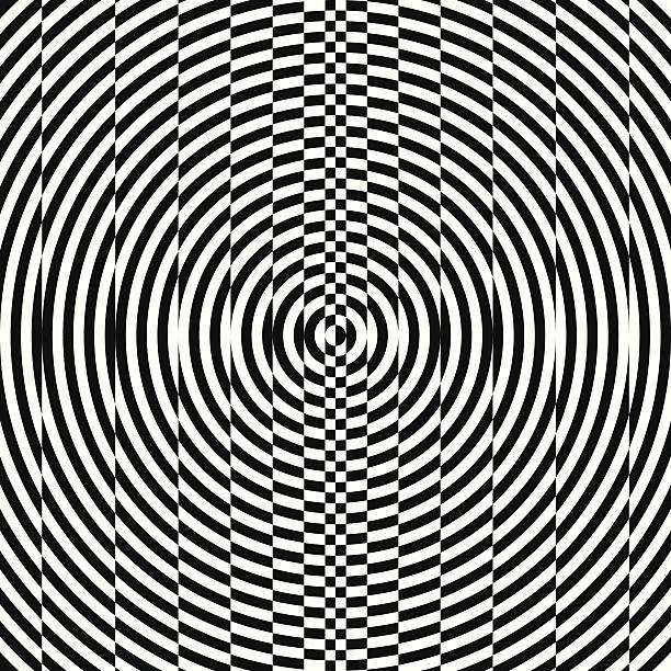 vector background Pattern optical illusion "This vector file that i built in ai is simple but took some time to construct. All the black shapes are grouped together and all the white shapes are grouped in another group, so all you have to do is click one shape and all of that color are selected then you can color chage edit, etc. This is true vector build not auto traced etc." illusion pattern circle image created 1960s stock illustrations