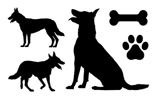 German Shepard dog paw print bone silhouette group collection shape shadow outline.