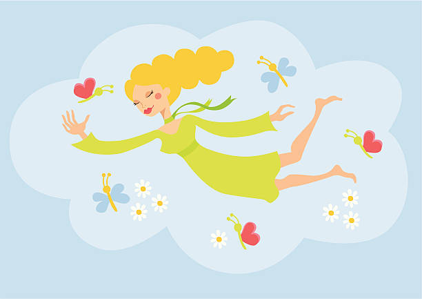 Springtime Girl "Beautyful Girl, full of joys of spring, floating in a sky full of butterflies and flowers." girl levitating stock illustrations
