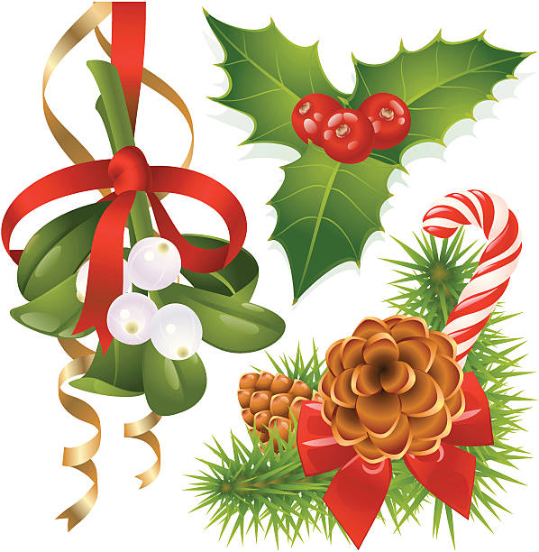 Christmas tree, mistletoe and holly vector art illustration