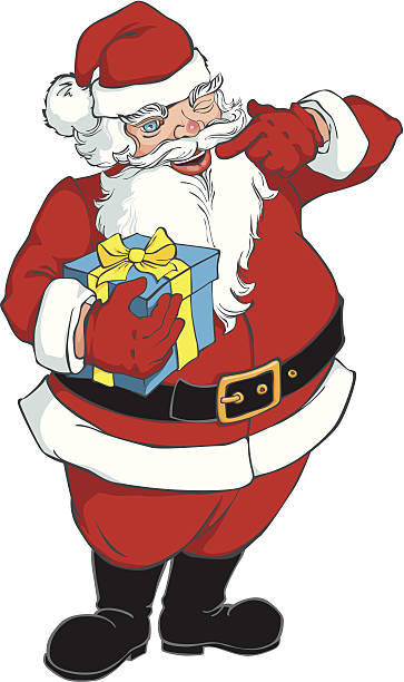 ilustrações, clipart, desenhos animados e ícones de sorrindo e winking papai noel com presente - christmas present senior men surprise gift box