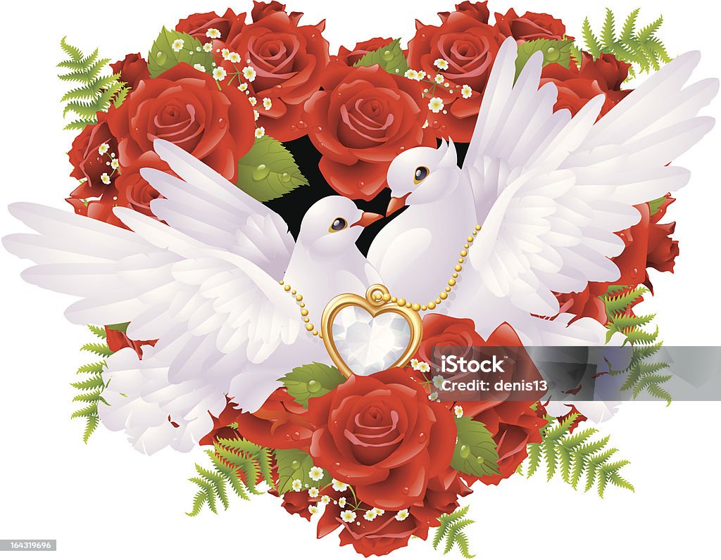 Roses and pigeons Red roses and white pigeons Animal stock vector