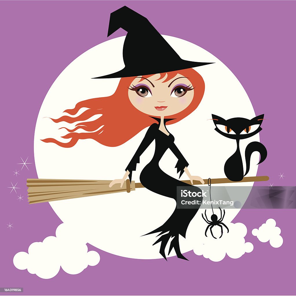 Halloween ładny Witch i Kot - Grafika wektorowa royalty-free (Chmura)