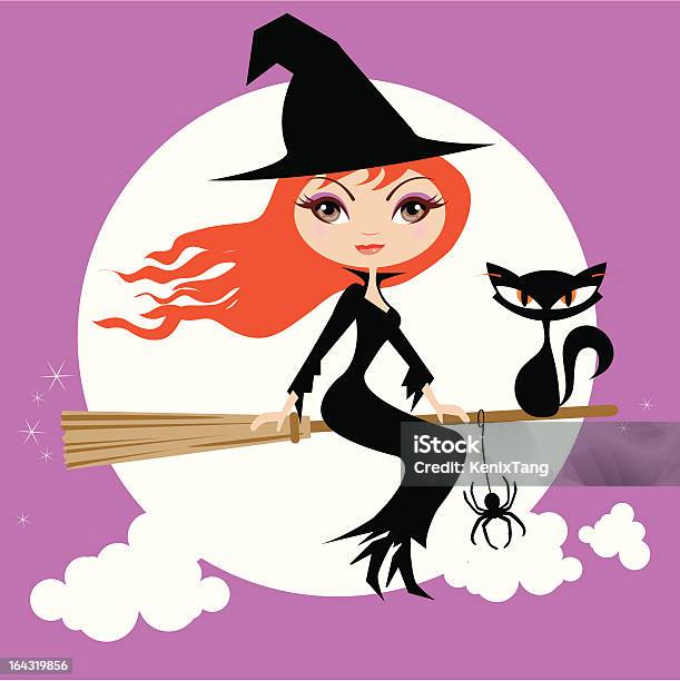 Halloween Ładny Witch I Kot - Stockowe grafiki wektorowe i więcej obrazów Chmura - Chmura, Clip Art, Czarna wdowa