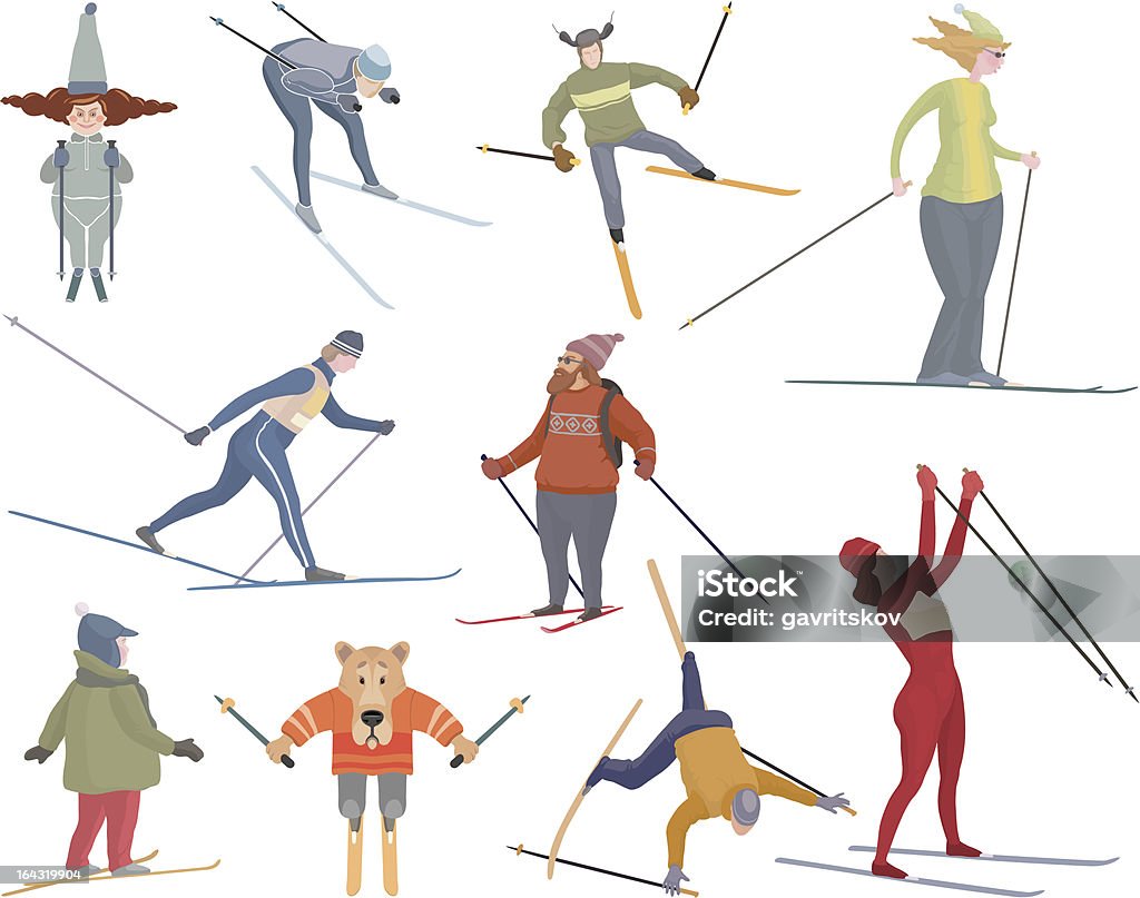 Dix personnes différentes chiffres de personnes qui vous au ski - clipart vectoriel de Cartoon libre de droits