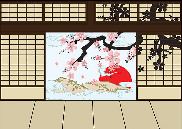 ilustraciones, imágenes clip art, dibujos animados e iconos de stock de habitación japonesa de diseño - sepia toned rose pink flower