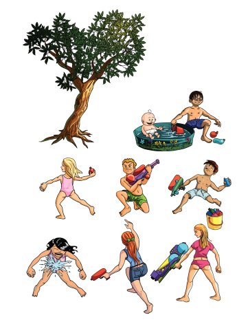 Children in a water fight. Characters separated for easy rearranging.