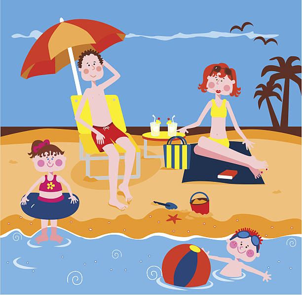 Family at the Beach vector art illustration