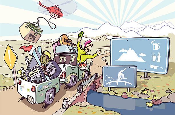 Road trip to the mountains. A big gathering of snowboarders and skiers are going to have a big fun in the mountains. helicopter free drawing stock illustrations