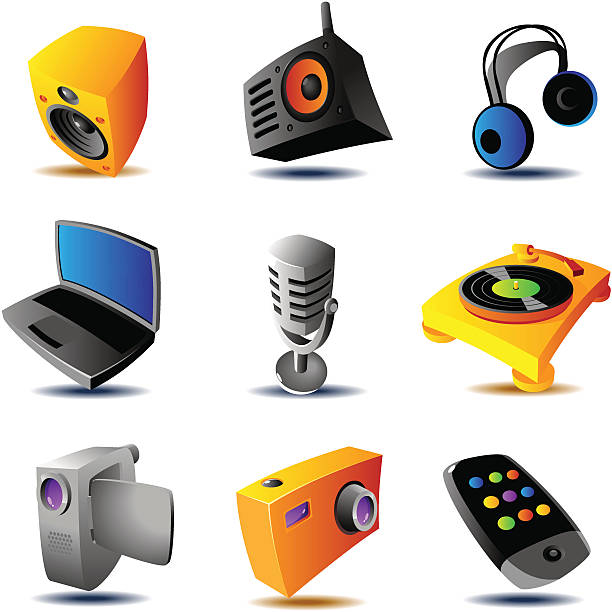 Icons of media devices "Media devices icons - music and sound, photo and video - record and play. Vector illustration. Please see also:" vintage portable silver radio stock illustrations