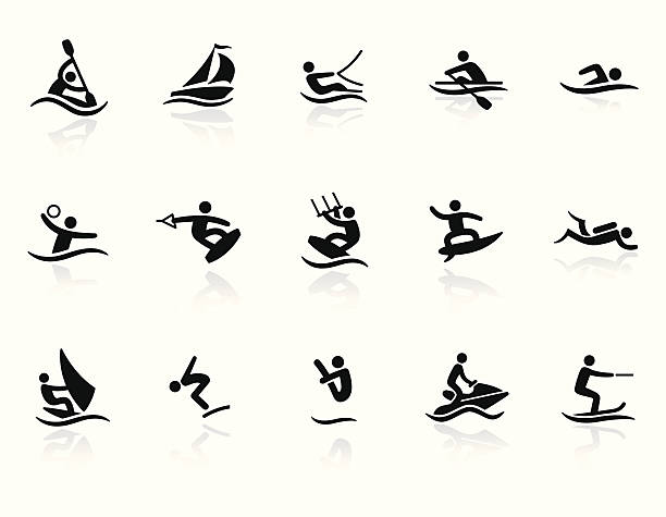 illustrazioni stock, clip art, cartoni animati e icone di tendenza di icone di sport acquatici - sailboat sail sailing symbol