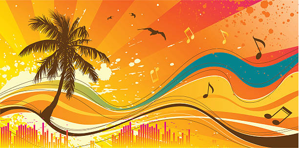 Palm tree and waves vector art illustration